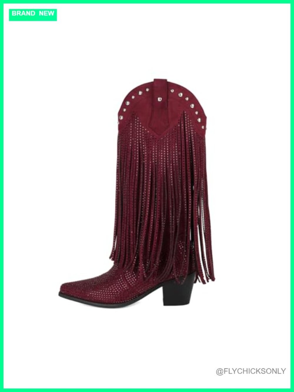 Rhinestone Fringe Cowgirl Boots Pointed Toe Chunky Mid Heel Pull On Mid Calf
